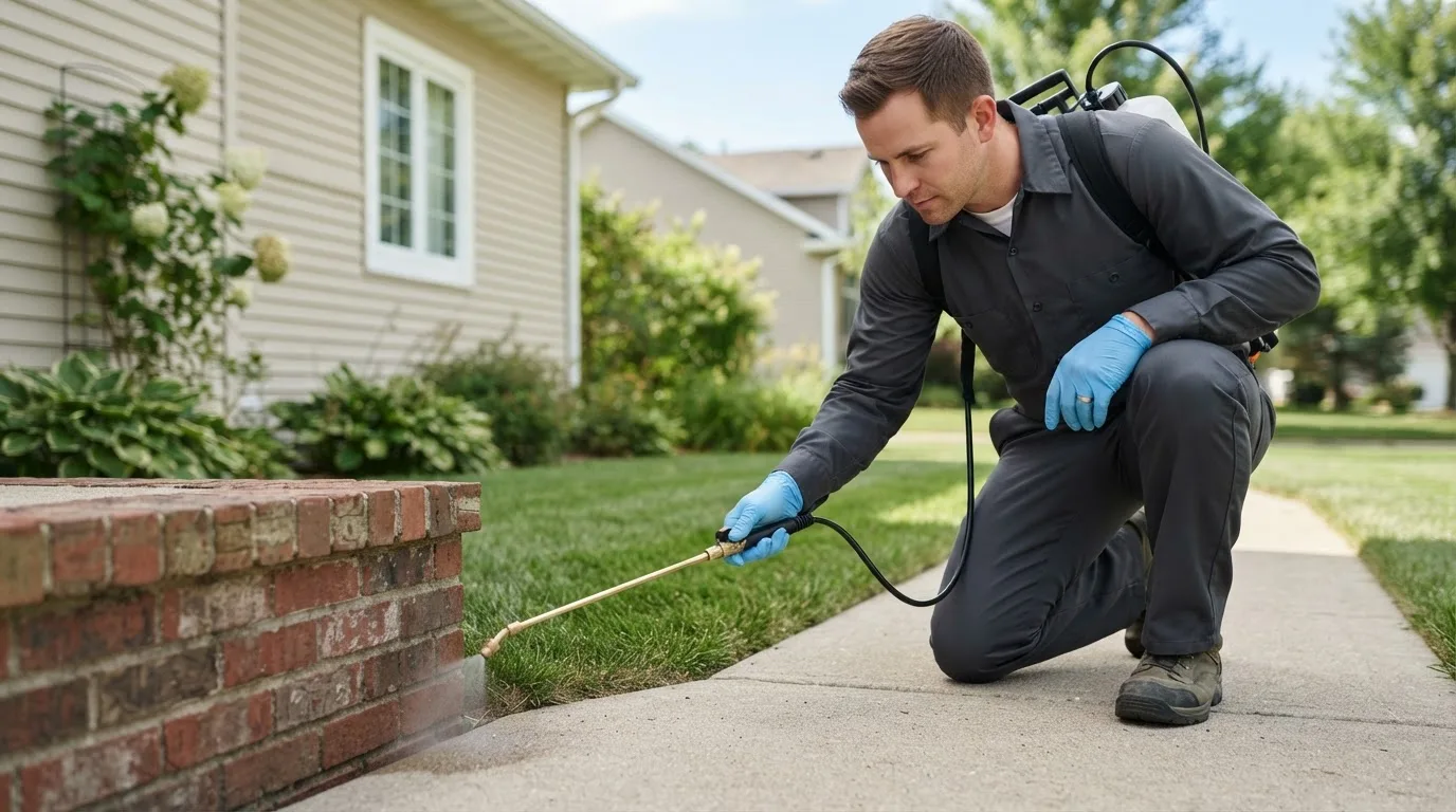 Pest control technician treating a home near Lipan, TX